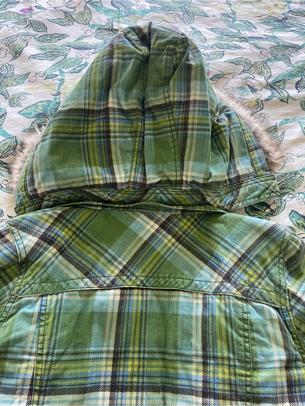 Vintage Y2k Mossimo Supply Co. Green Plaid Hooded Puffer Jacket with Faux Fur L - Picture 10 of 10